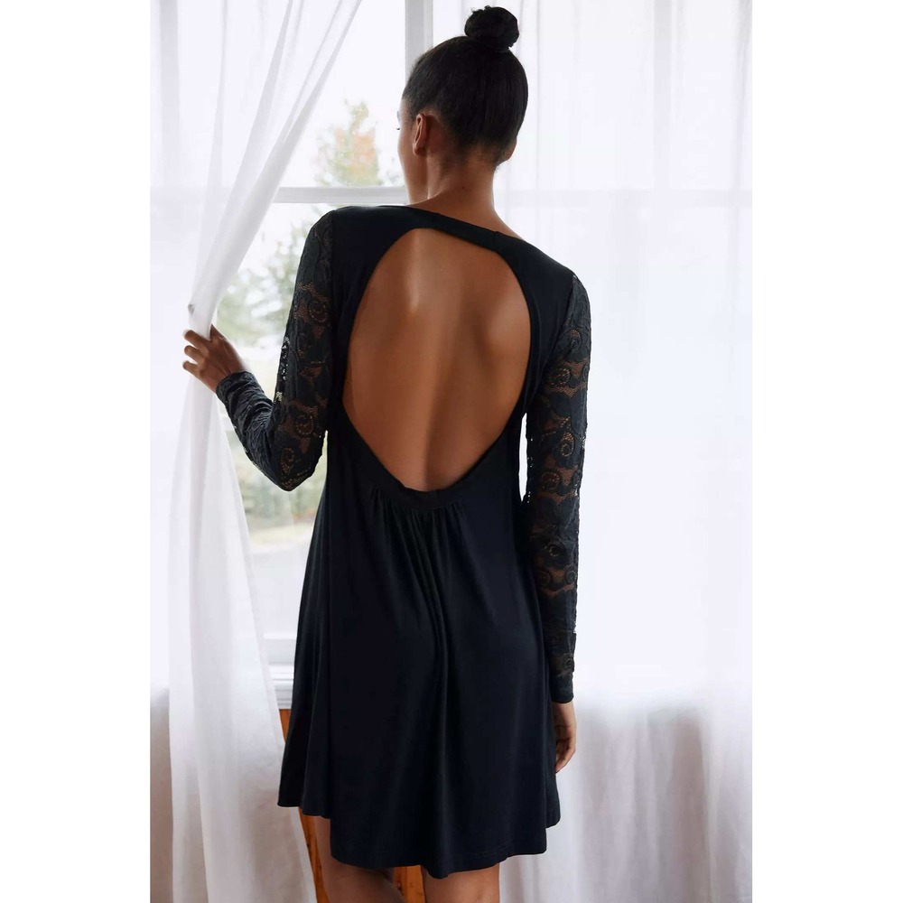 Anthropologie XS Black Lace Slip Night Dress Long Sleeve Open Back Casual